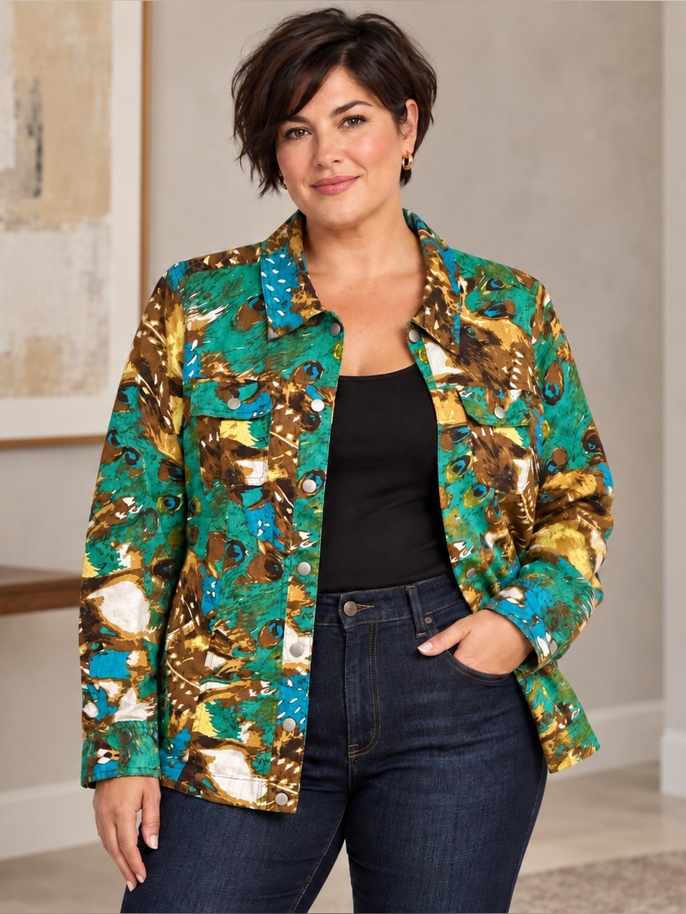 100% Linen Turquoise Peacock Print Trucker Jacket Wearable Art 1X